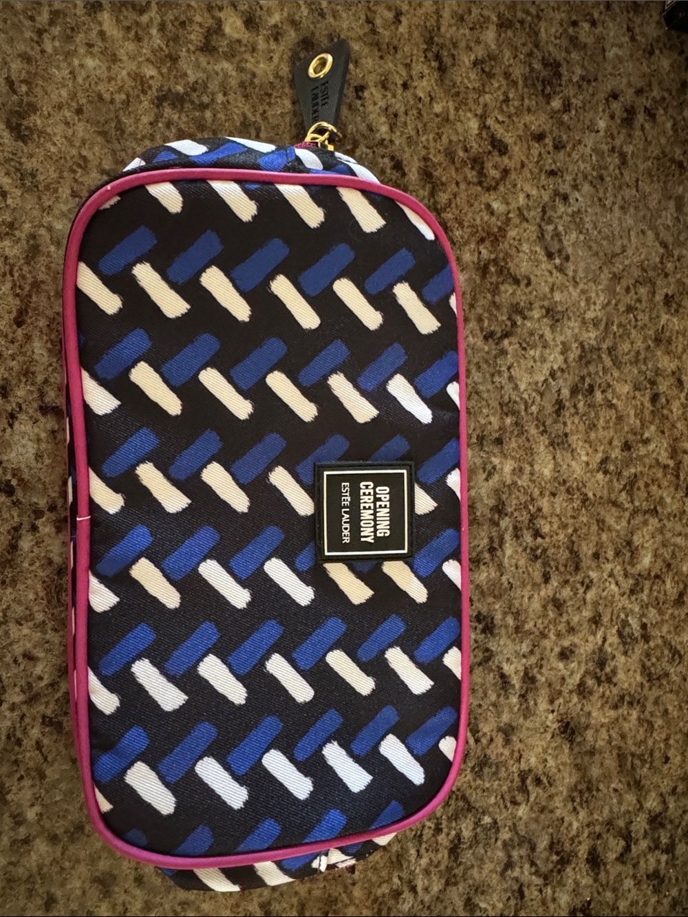 Estee Lauder Navy Blue Cosmetic Pouch with Cream and Blue Pattern and Pink Trim
